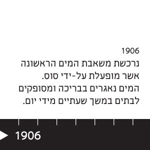 1906 נרכשת משאבת המים הראשונה אשר מופעלת על-ידי סוס. המים נאגרים בבריכה ומסופקים לבתים במשך שעתיים מידי יום.